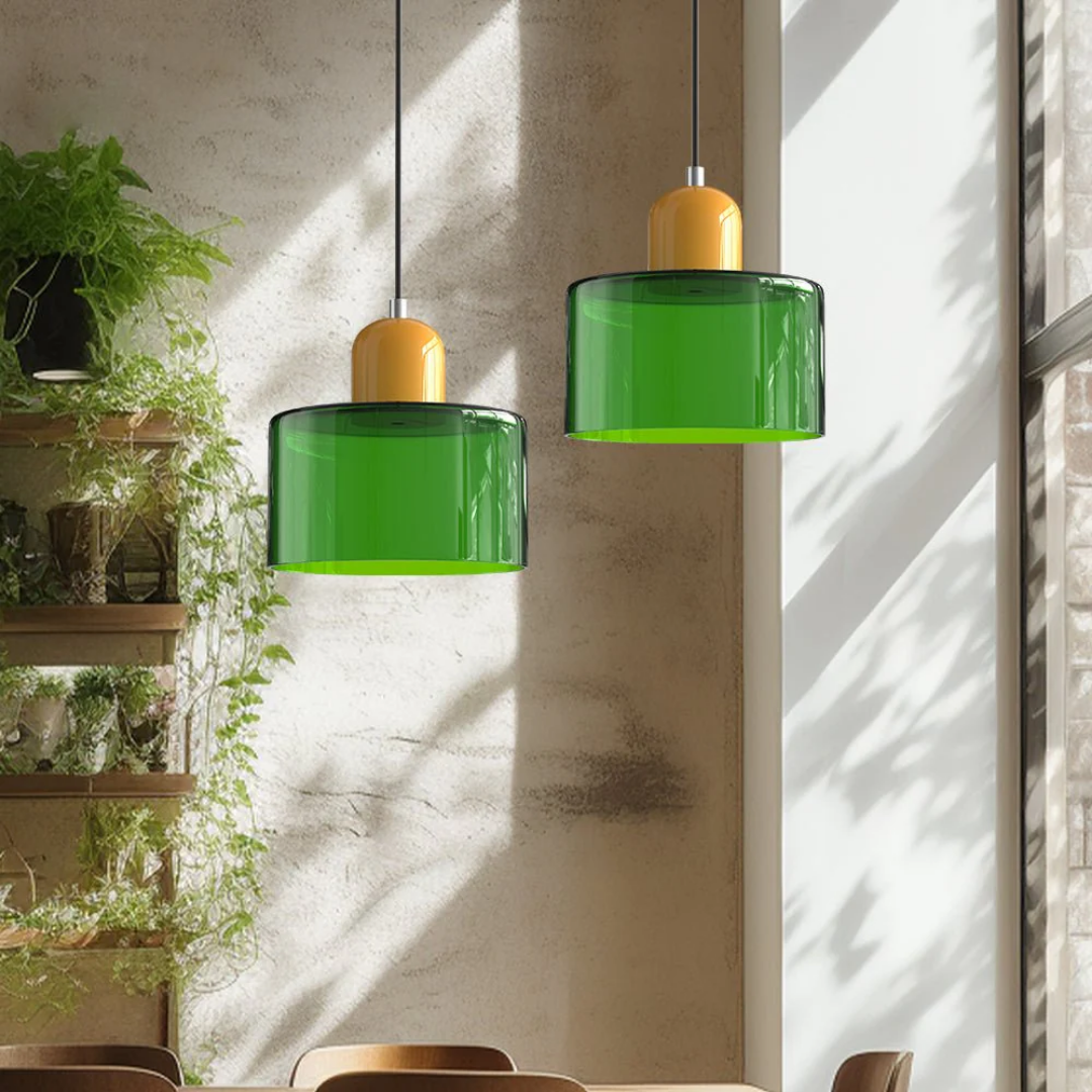 Tusa – Retro Pendellampe med Orange Glasskærm & Grøn Top