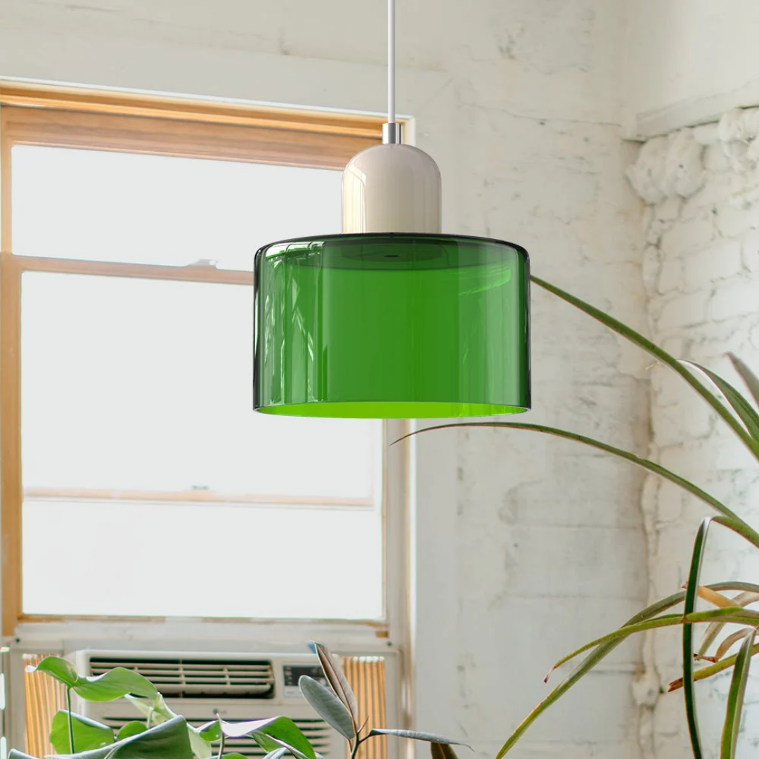 Tusa – Retro Pendellampe med Orange Glasskærm & Grøn Top