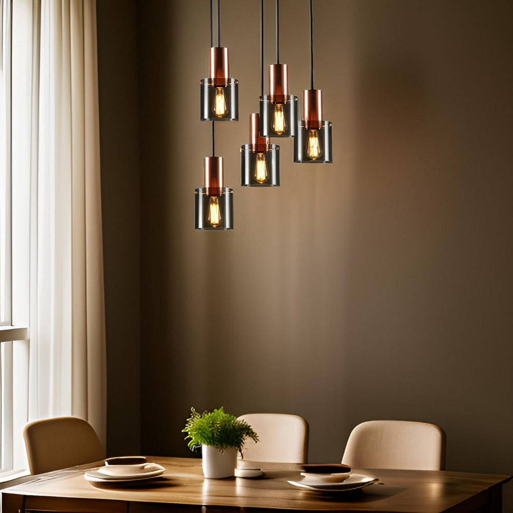 Cylindrisk pendellampe i glas og metal