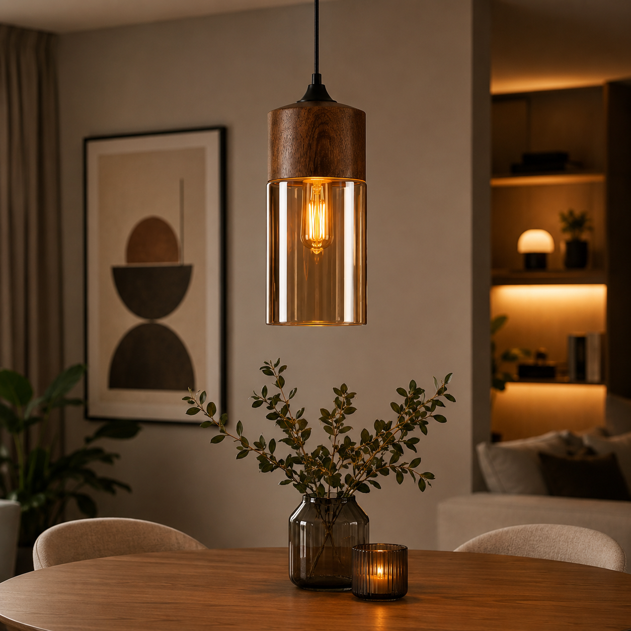 Retro pendellampe i tonet glas og metal