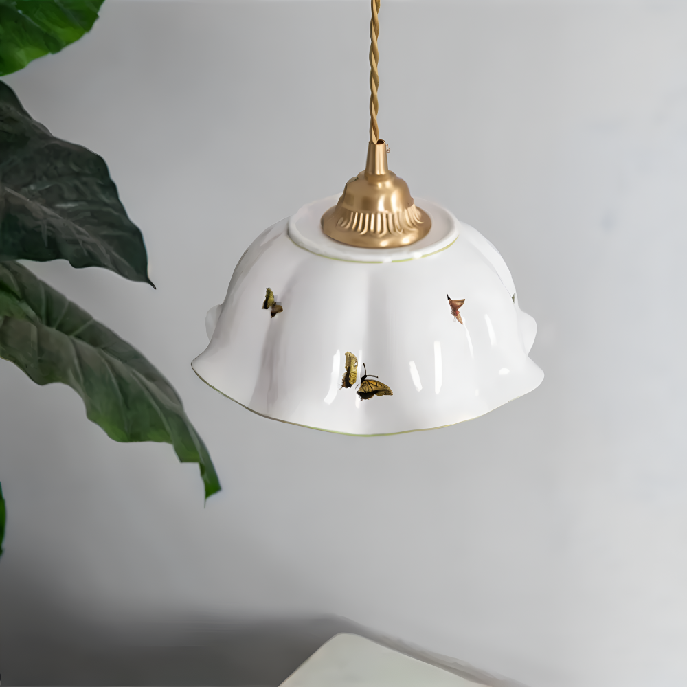 Keramisk pendellampe med sommerfugledesign – LED loftlampe i elegant stil