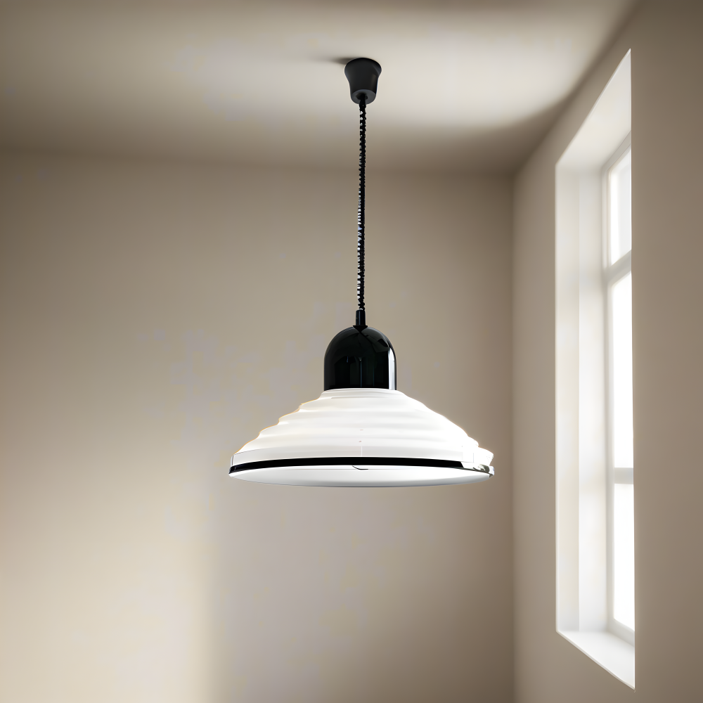 CrèmeLune Loftlampe – Moderne Cremefarvet Pendellampe med Sort Spiralkabel