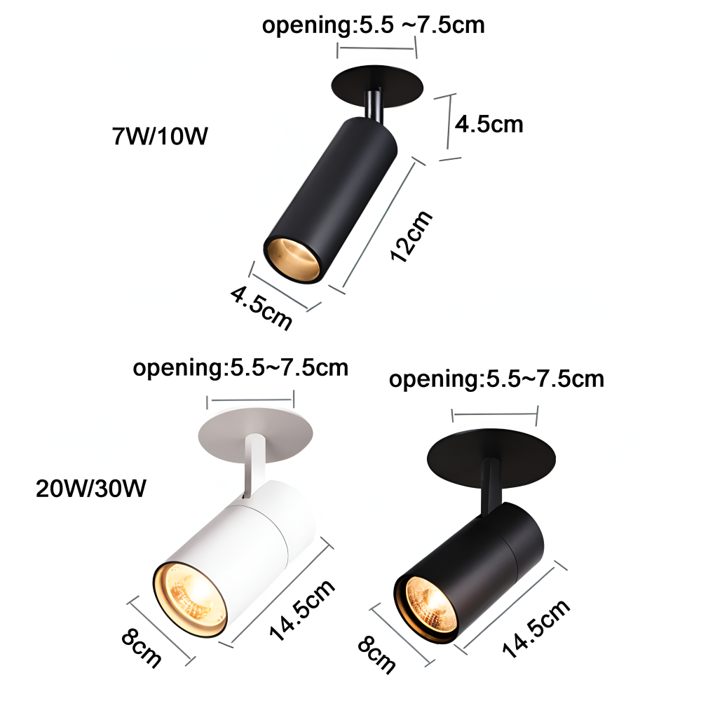 Indbyggede LED spotlights i aluminium – sort og hvid loftbelysning
