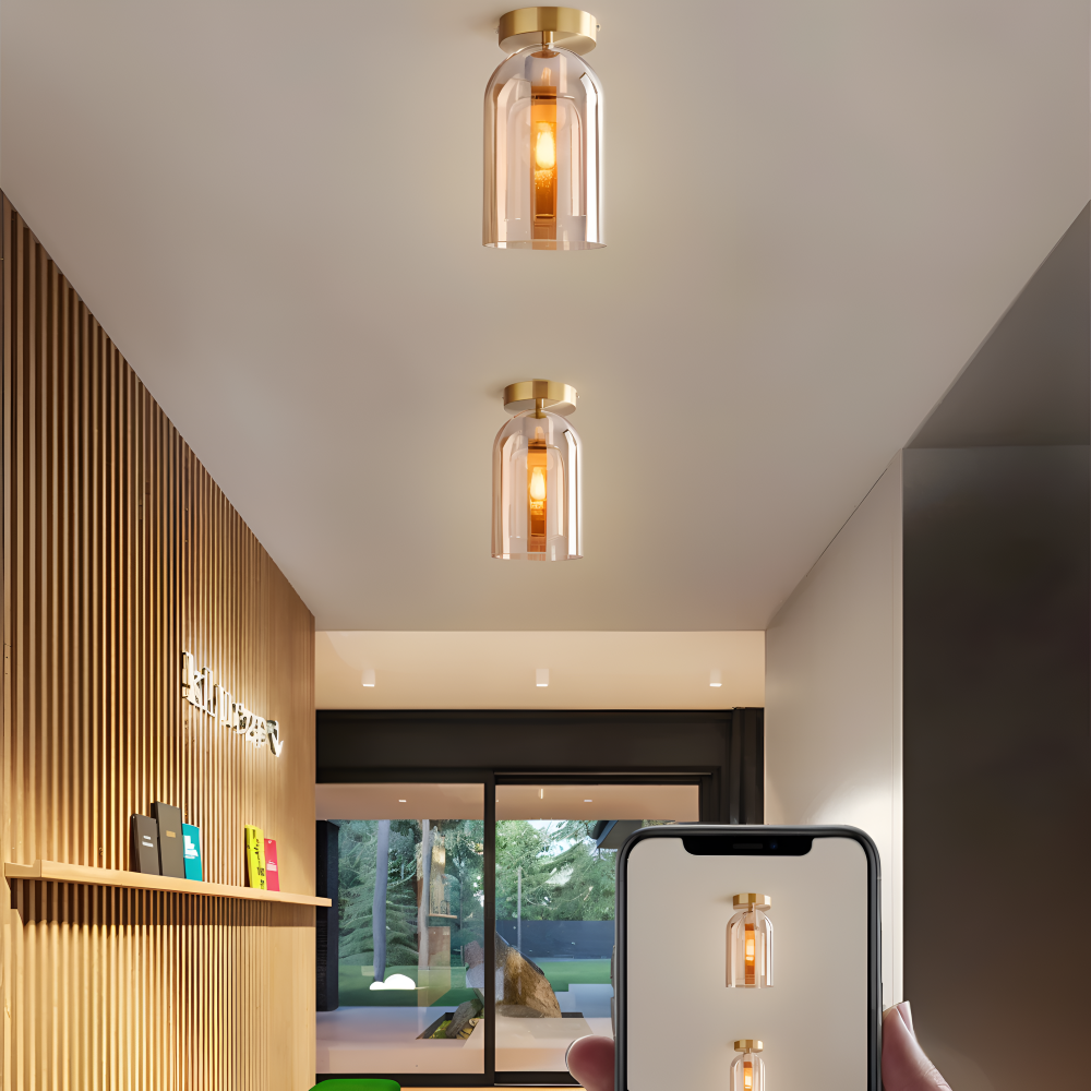 Moderne glasloftlampe i sort og guld