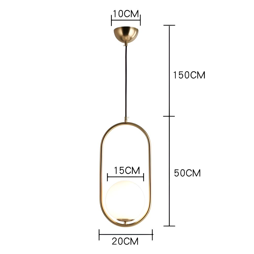 Moderne guld pendel lampe med glaskugle og ellipse design