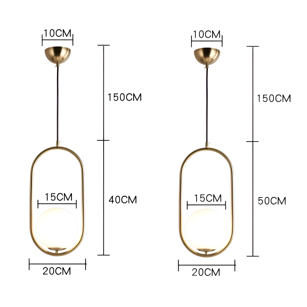 Moderne guld pendel lampe med glaskugle og ellipse design
