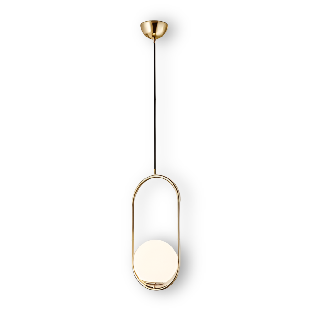 Moderne guld pendel lampe med glaskugle og ellipse design