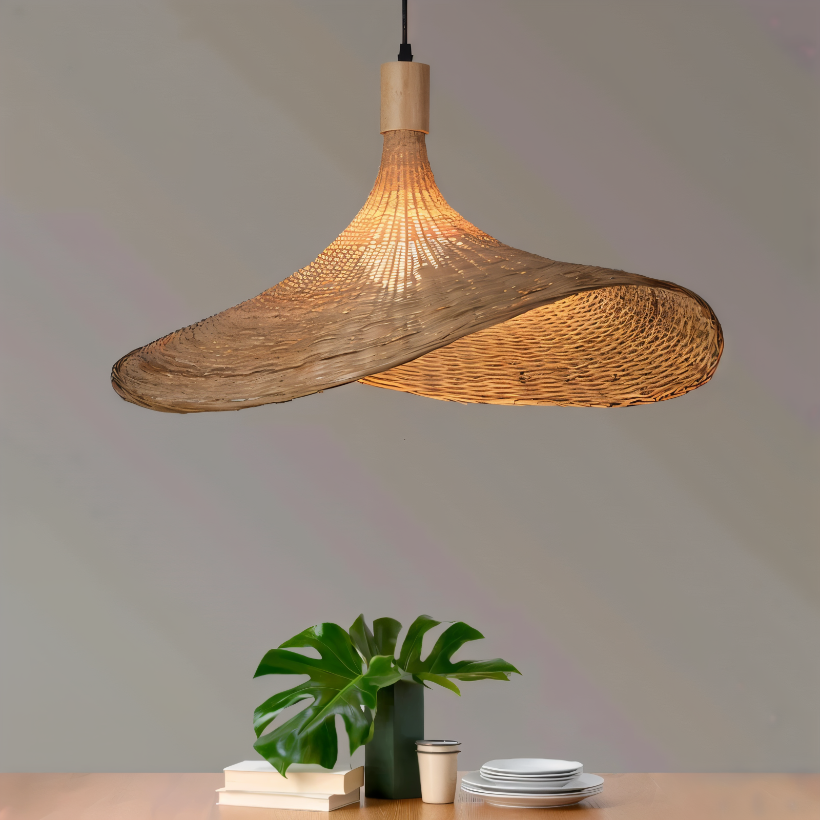 Pendellampe i bambus og rattan – håndlavet loftlampe i naturligt design