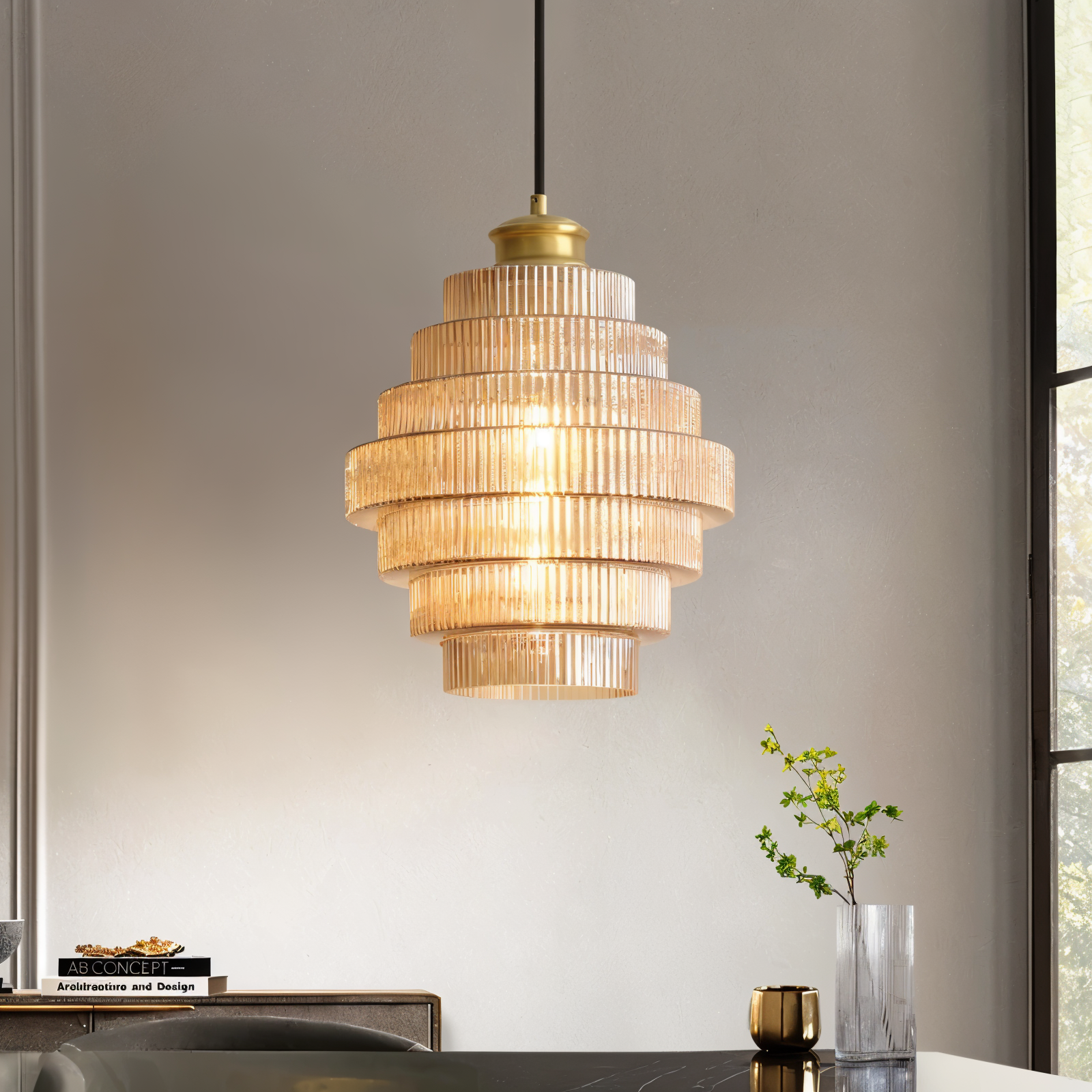 Pendellampe i glas og messing – retro lampe med lagdelt design