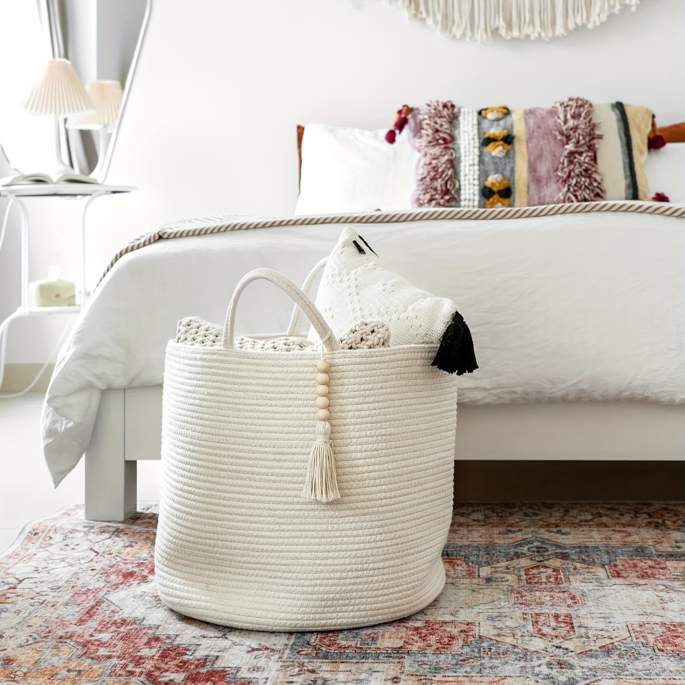 Makramé opbevaringskurv i bomuld med boho design