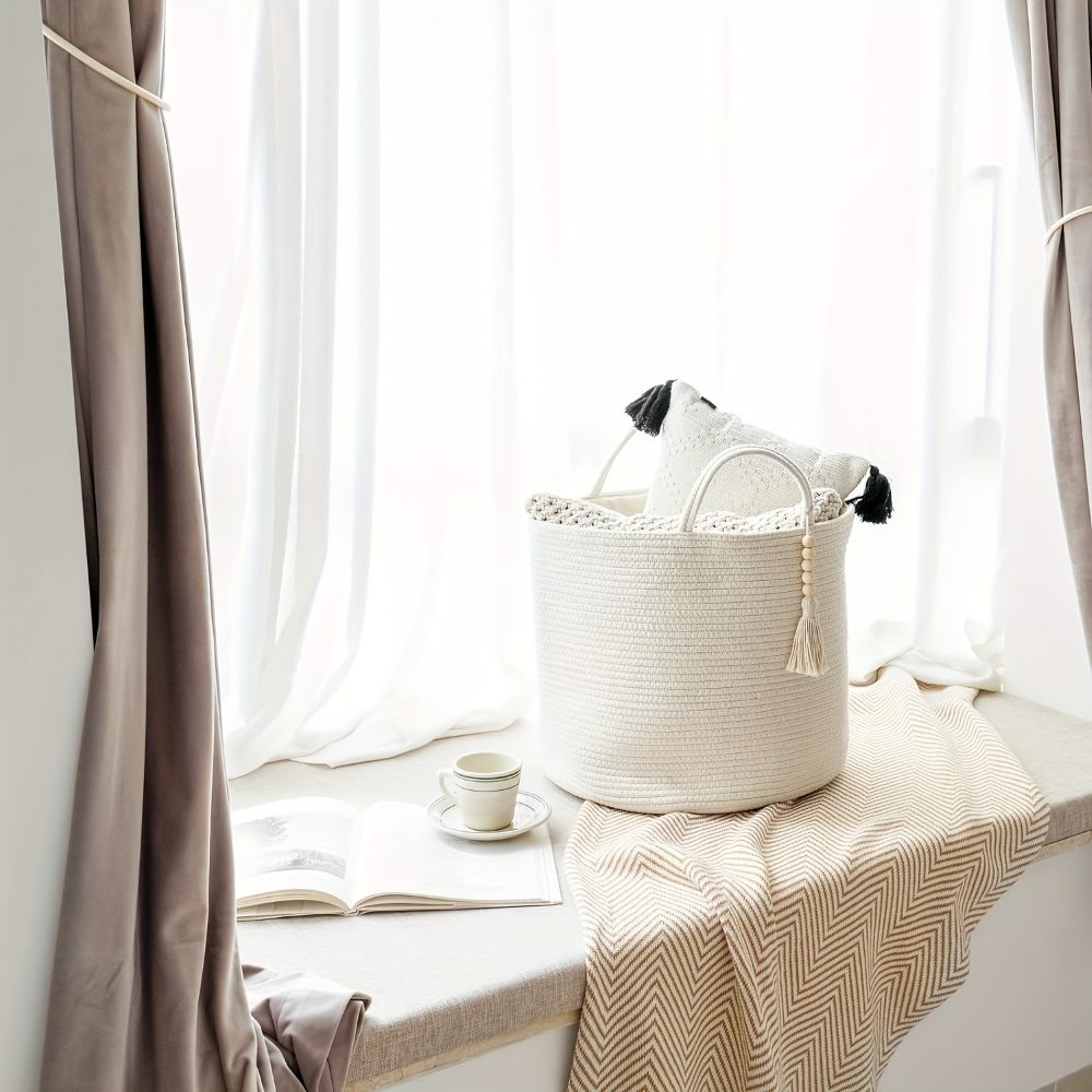 Makramé opbevaringskurv i bomuld med boho design