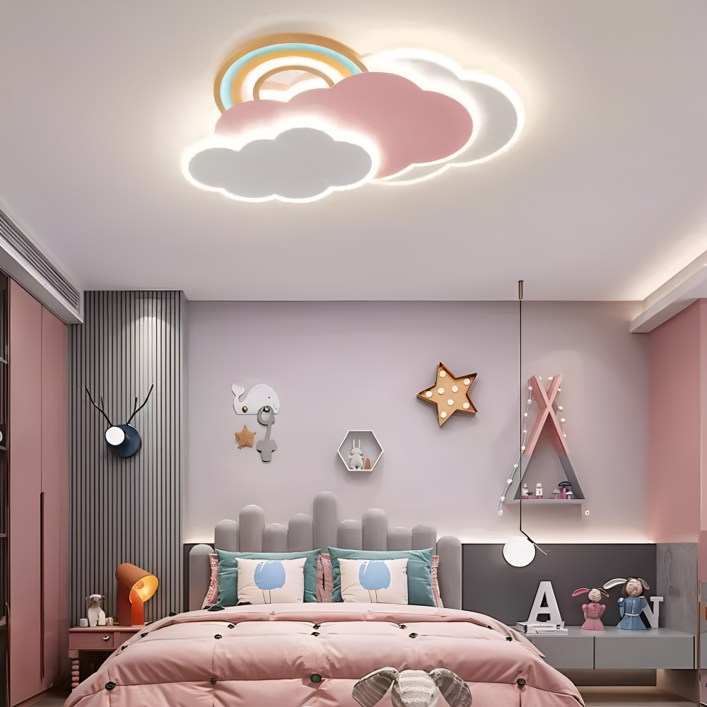 Farverig LED loftlampe med sky og regnbue – børneværelse