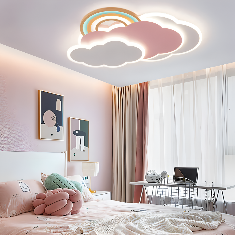Farverig LED loftlampe med sky og regnbue – børneværelse