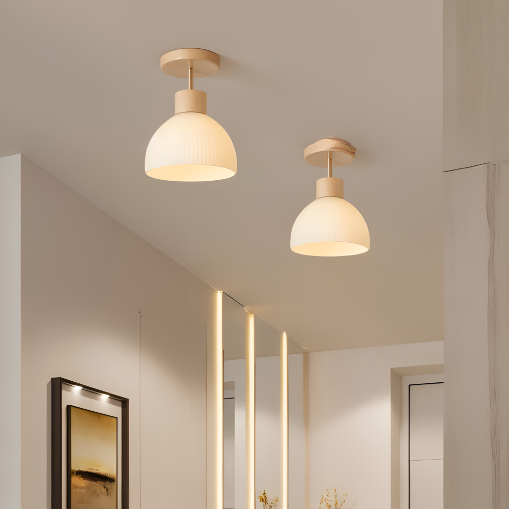 Auralis – Nordisk Ribbet Loftlampe i Glas og Træ