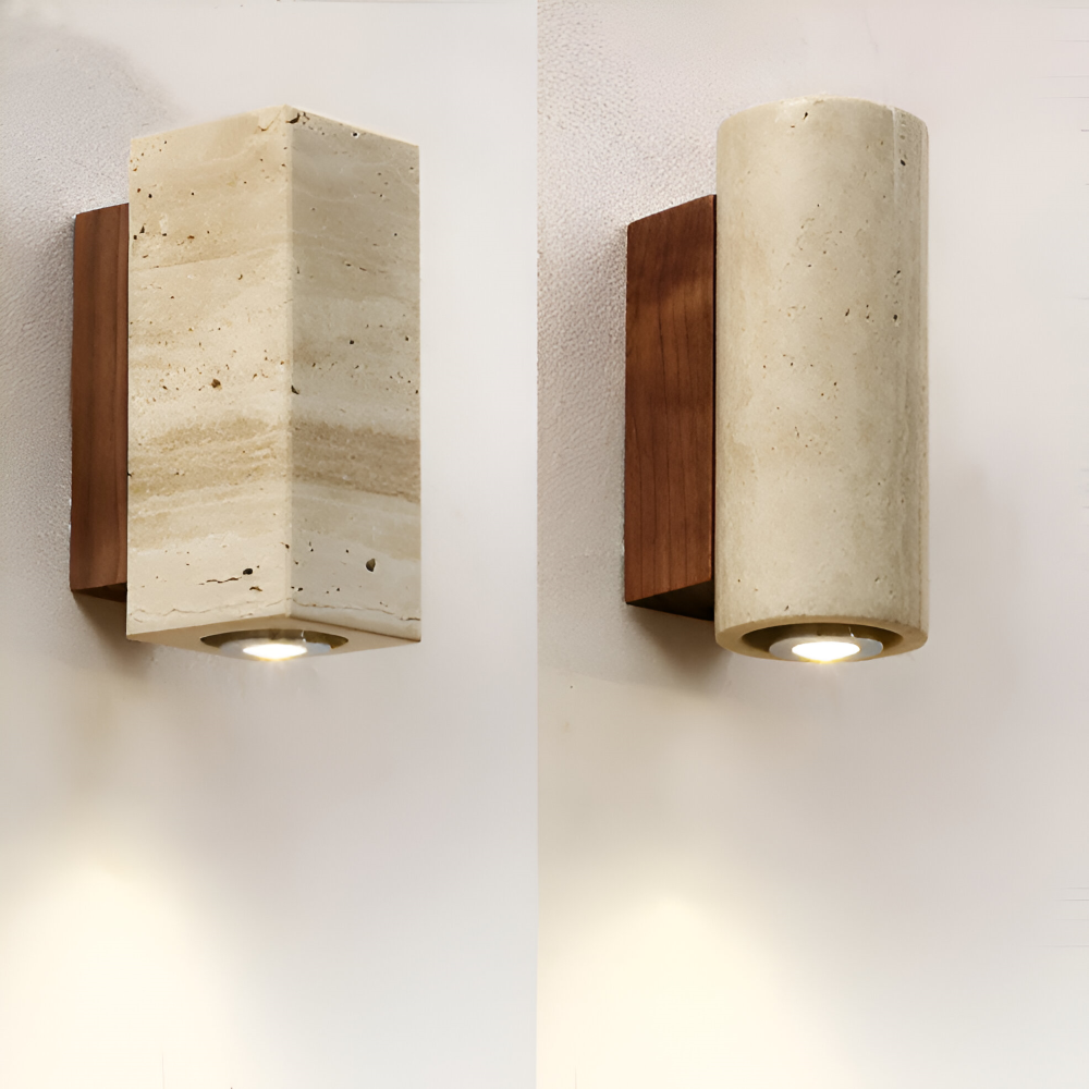 Væglampe i travertin og træ – minimalistisk design med LED lys
