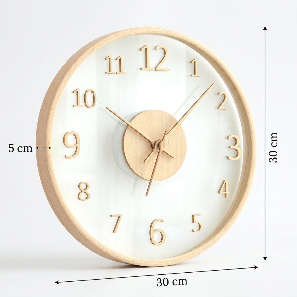 Lydløst skandinavisk vægur i træ og glas – 30 cm