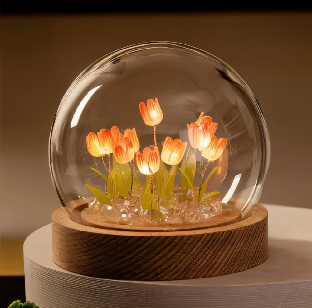 LED blomsterlampe tulipaner – dekorationslampe med glaskuppel batteri