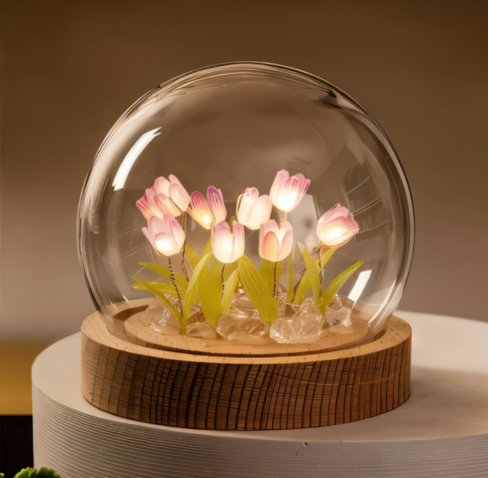 LED blomsterlampe tulipaner – dekorationslampe med glaskuppel batteri