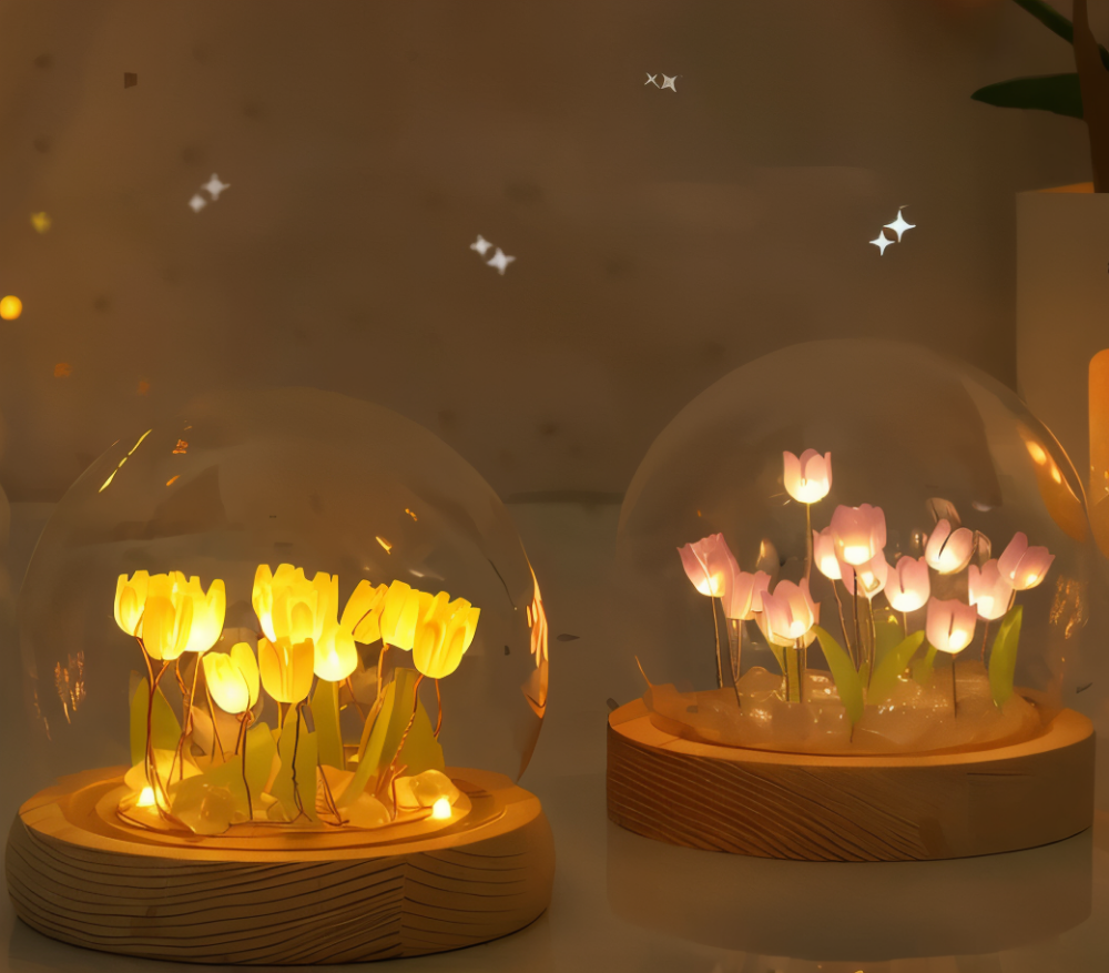 LED blomsterlampe tulipaner – dekorationslampe med glaskuppel batteri