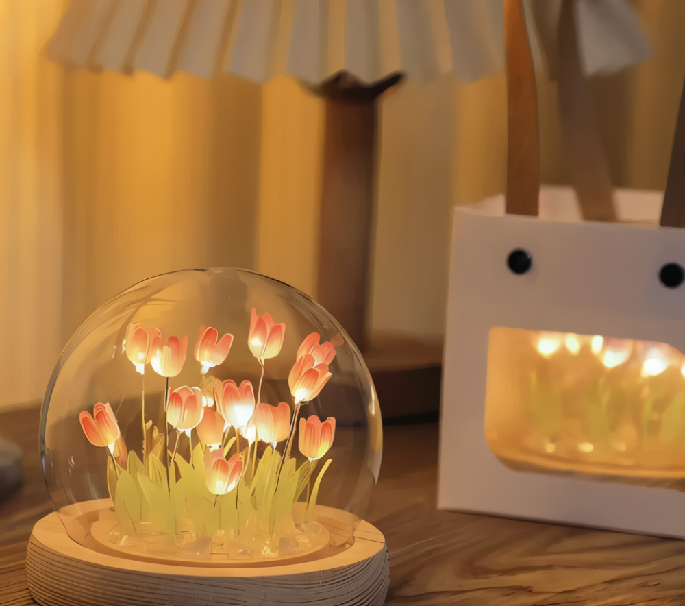 LED blomsterlampe tulipaner – dekorationslampe med glaskuppel batteri