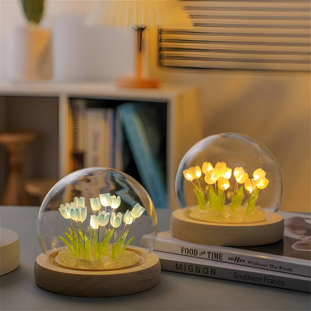 LED blomsterlampe tulipaner – dekorationslampe med glaskuppel batteri