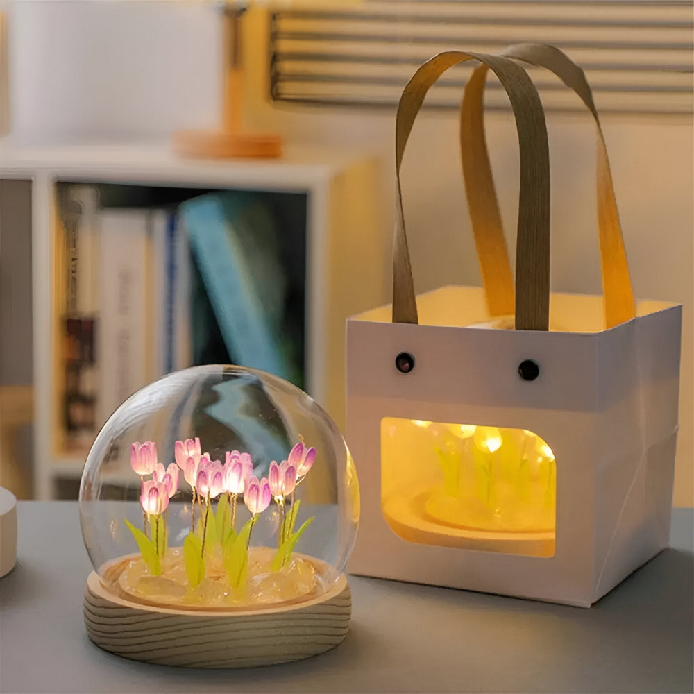 LED blomsterlampe tulipaner – dekorationslampe med glaskuppel batteri
