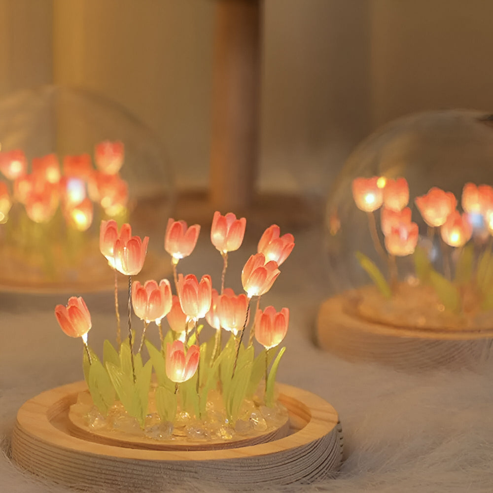 LED blomsterlampe tulipaner – dekorationslampe med glaskuppel batteri