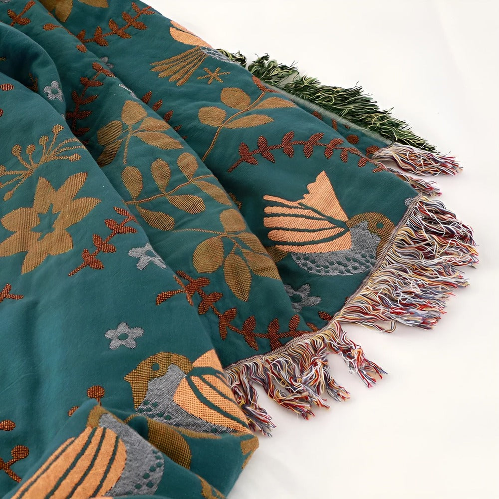 Floravia Plaid – Vendbar Bomuldsplaid med Broderede Fugle & Blomster i Boho Stil