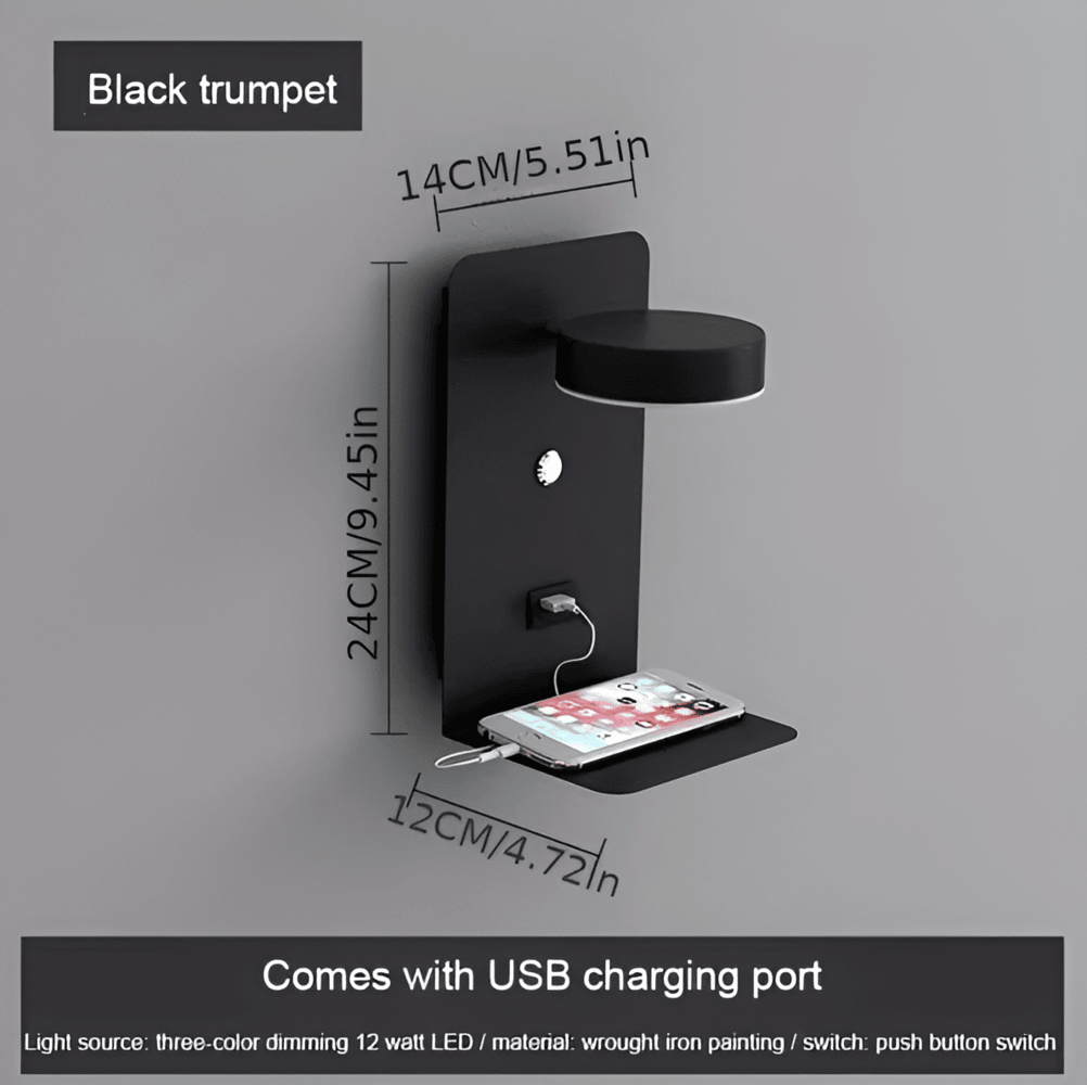 LED væglampe i aluminium med hylde og USB – dæmpbar sengelampe