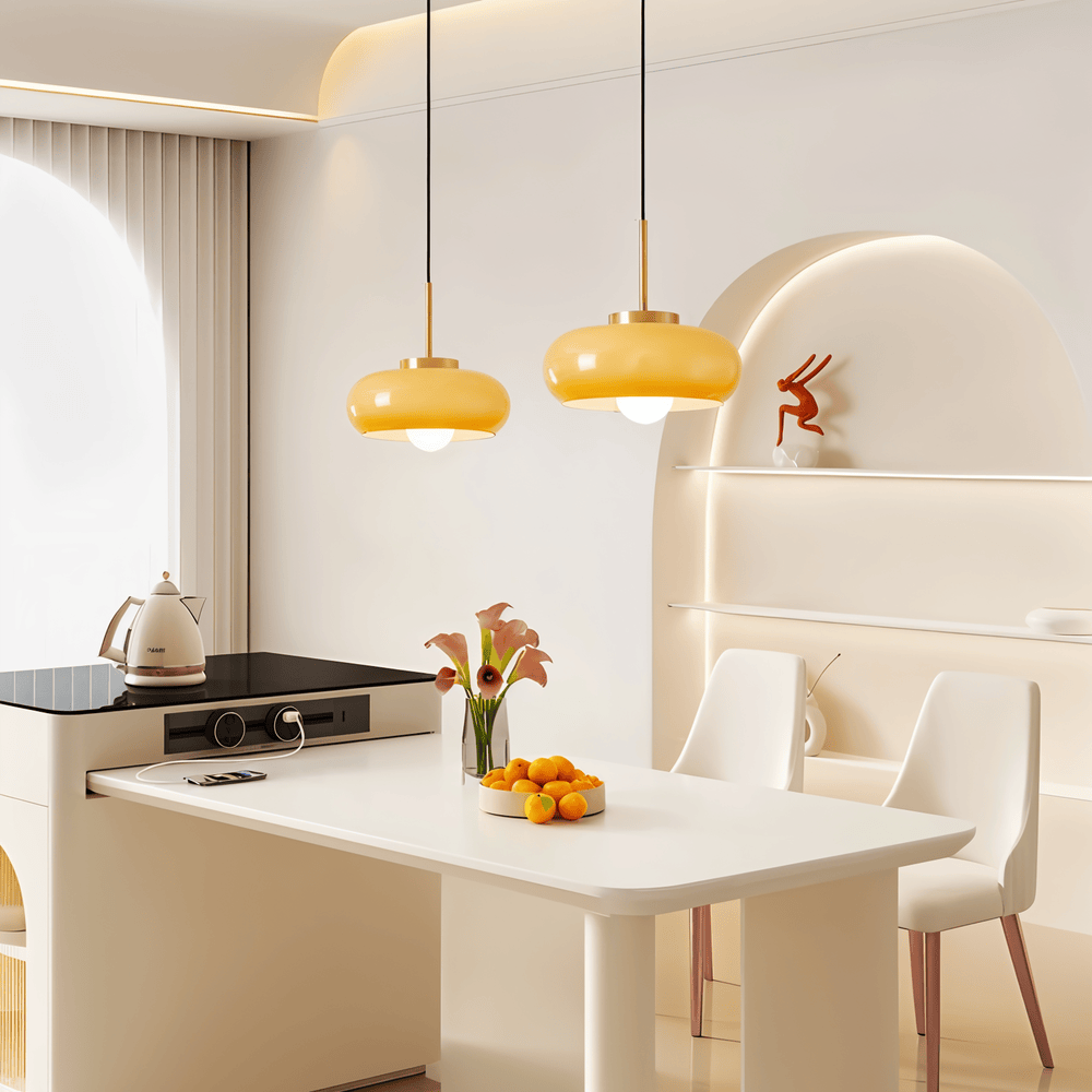 Retro pendellampe i glas og kobber – Bauhaus loftlampe med varm belysning