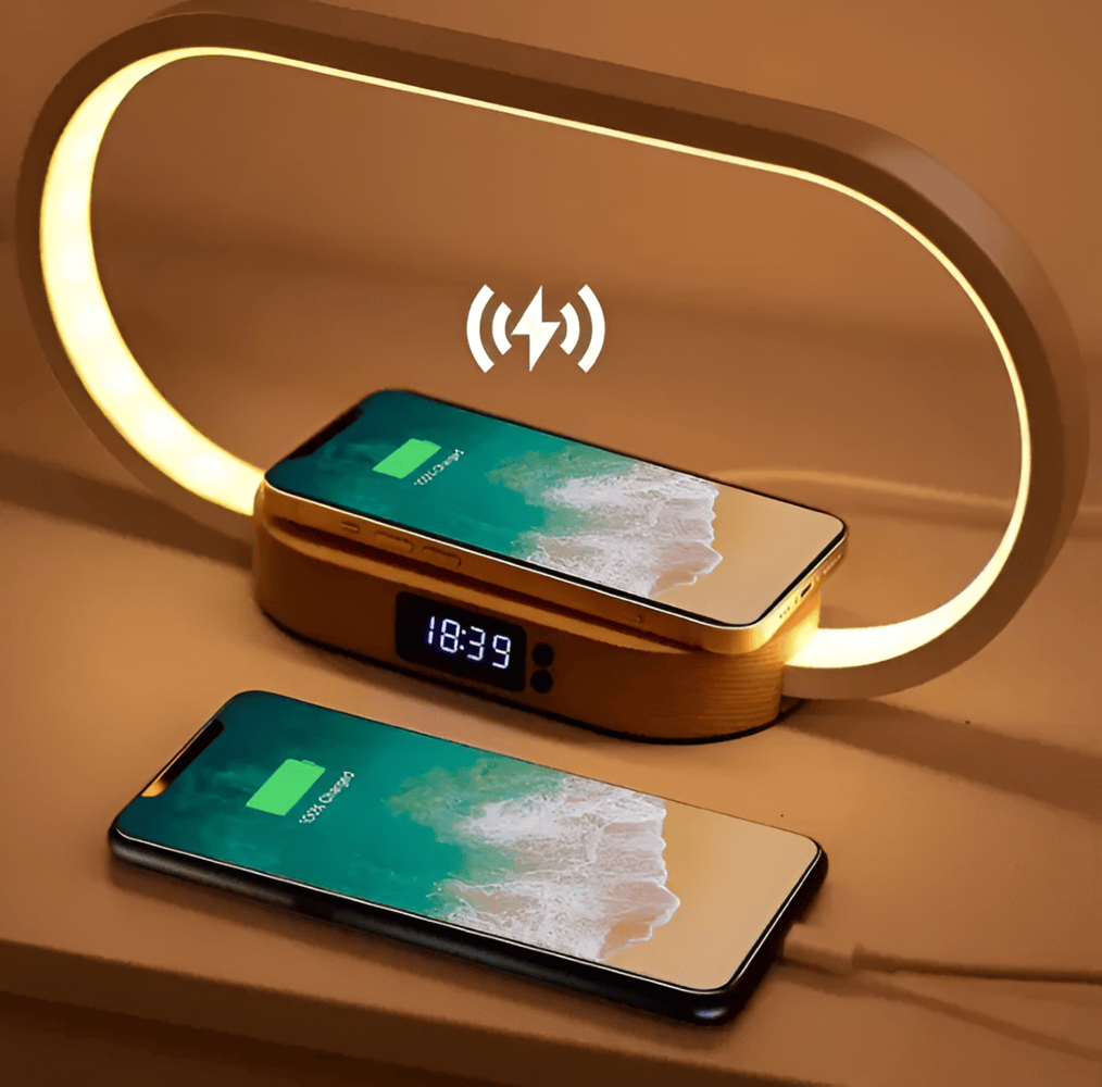 AuraDock – Multifunktionel Natlampe med Trådløs Oplader og Digitalt Ur