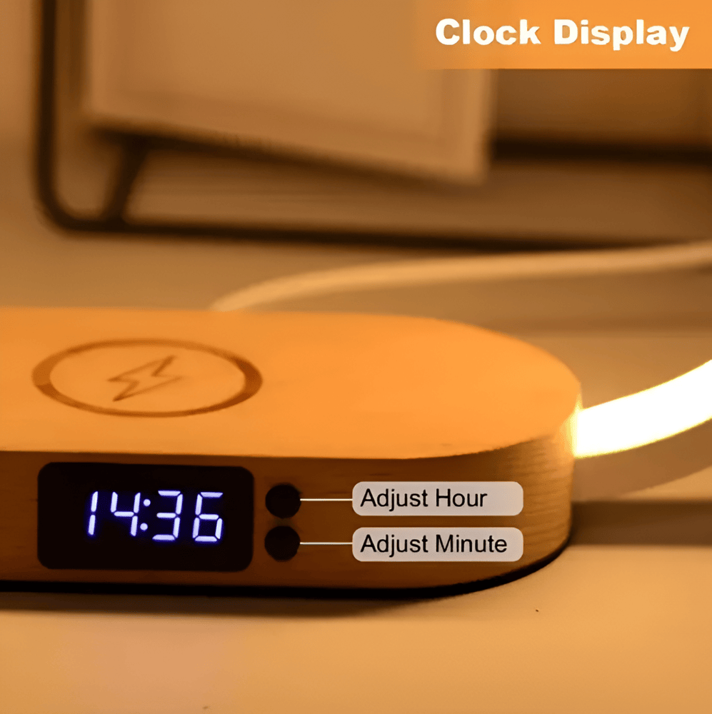 AuraDock – Multifunktionel Natlampe med Trådløs Oplader og Digitalt Ur