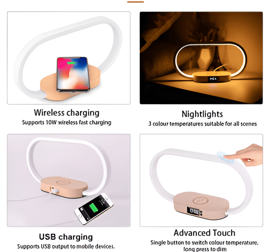 AuraDock – Multifunktionel Natlampe med Trådløs Oplader og Digitalt Ur