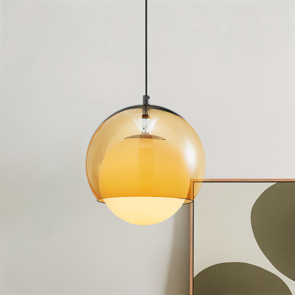 Retro glas pendel lampe i Bauhaus stil med orange skærm