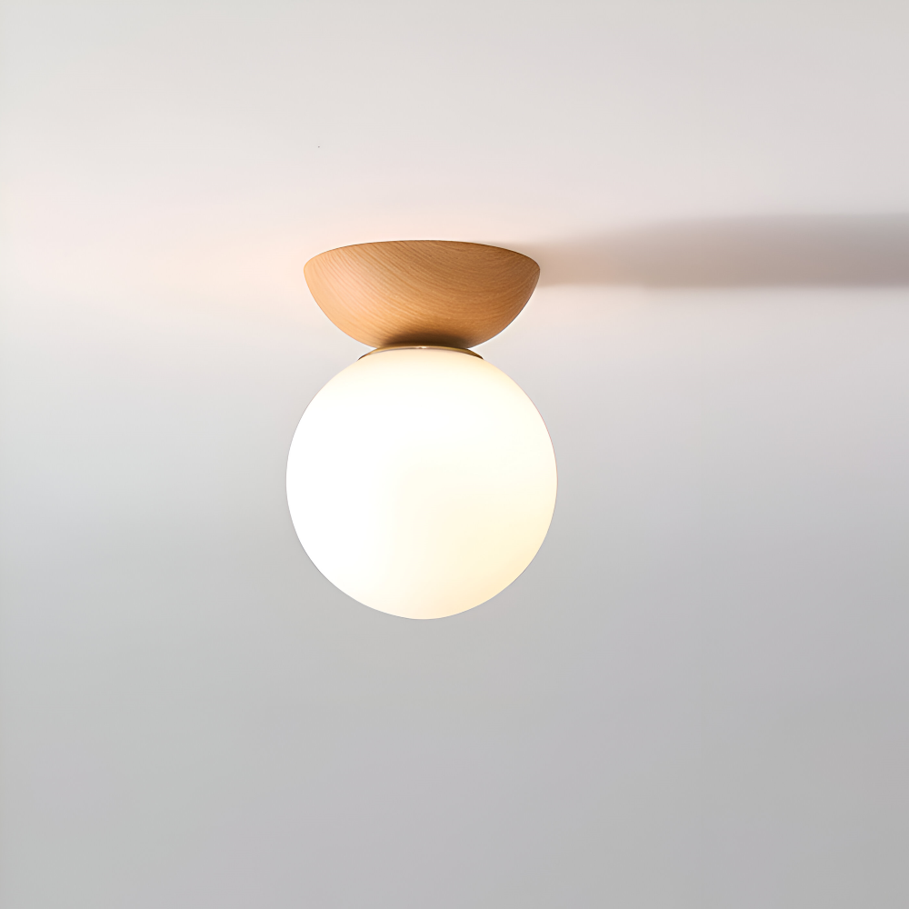 Kiyora – Japansk LED Loftlampe med Perleformet Glaskuppel og Træramme