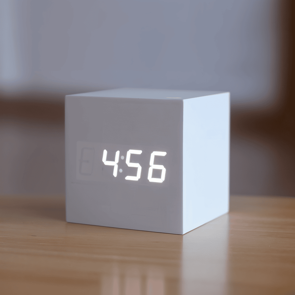 Digital LED vækkeur i træ – minimalistisk kubedesign