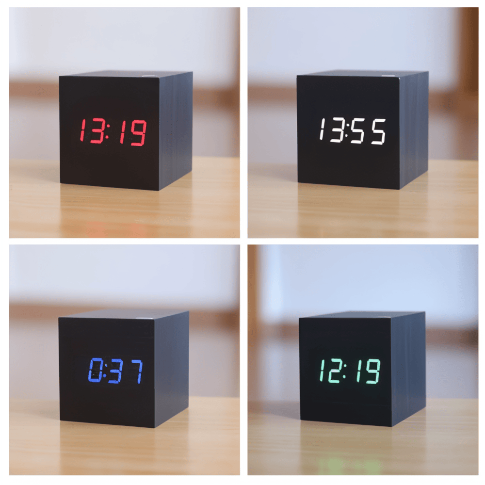 Digital LED vækkeur i træ – minimalistisk kubedesign