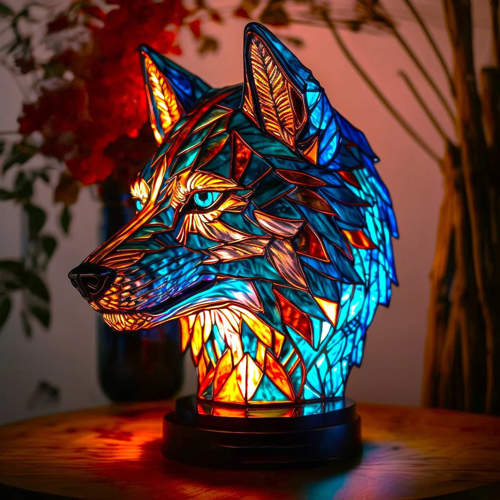 Lysende Dyreskulptur – Håndlavet Mytisk Belysning i Rav, Grøn, Blå & Chokoladeglas