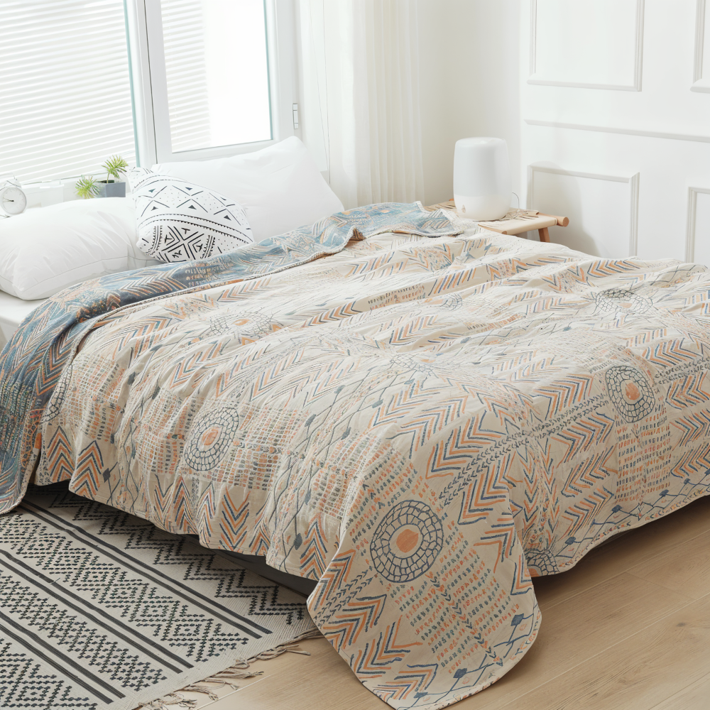 Vendbar boho-plaid i firelags bomuld