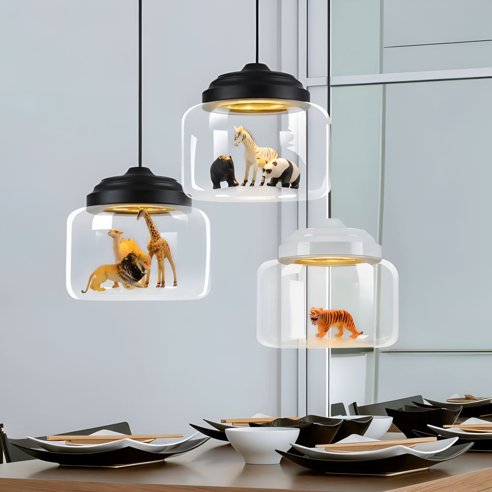 Børne pendel lampe i glas med nordiske dyremotiver