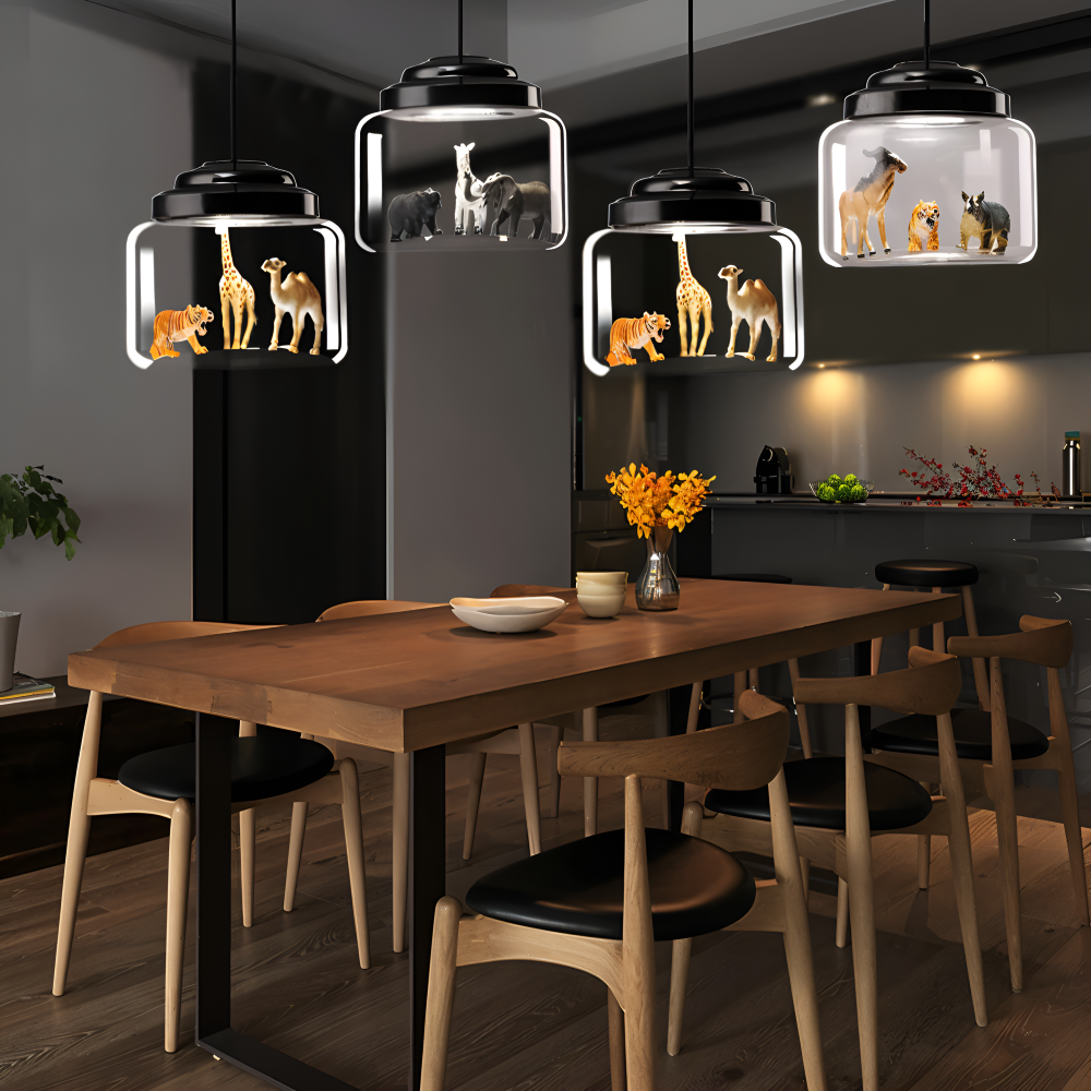 Børne pendel lampe i glas med nordiske dyremotiver
