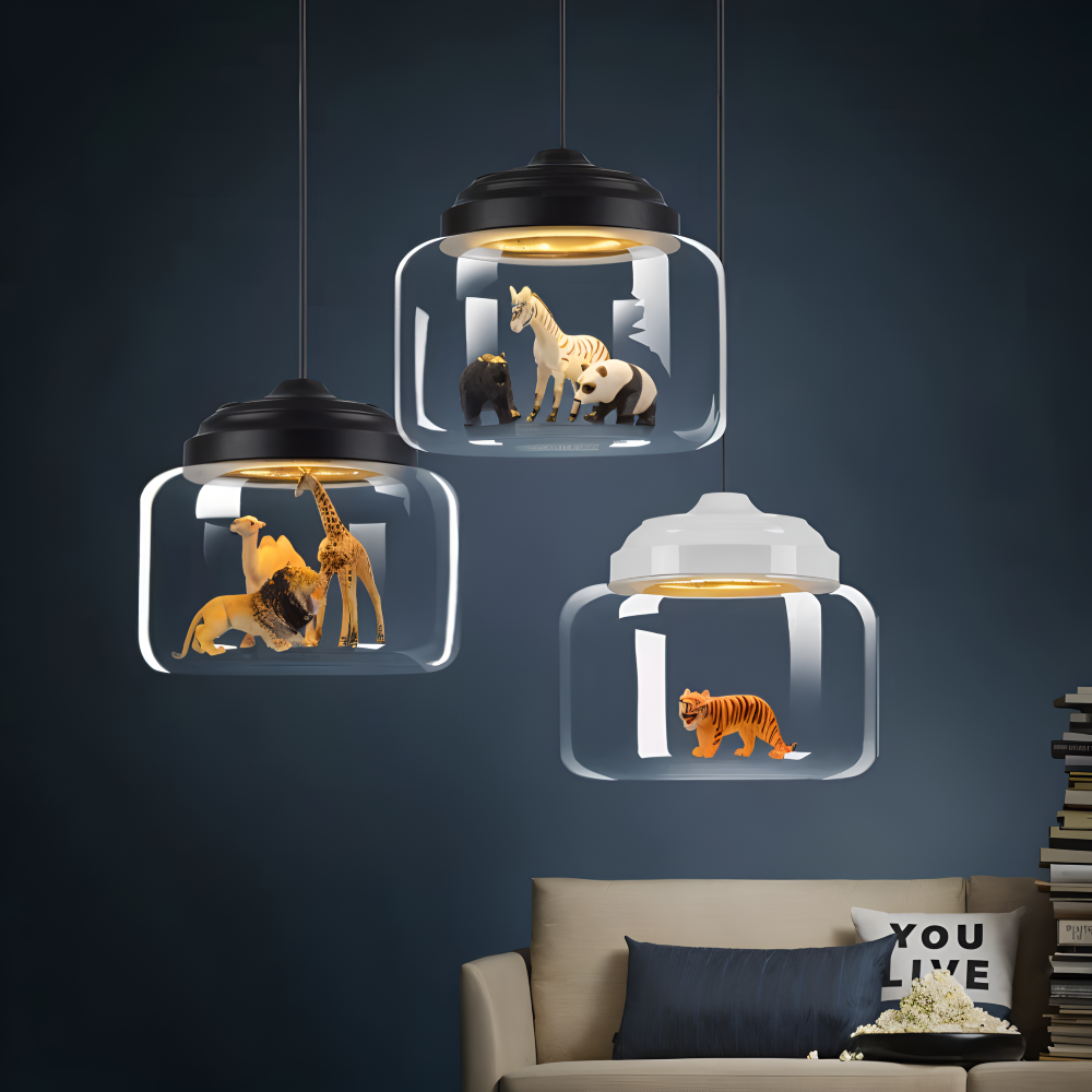 Børne pendel lampe i glas med nordiske dyremotiver