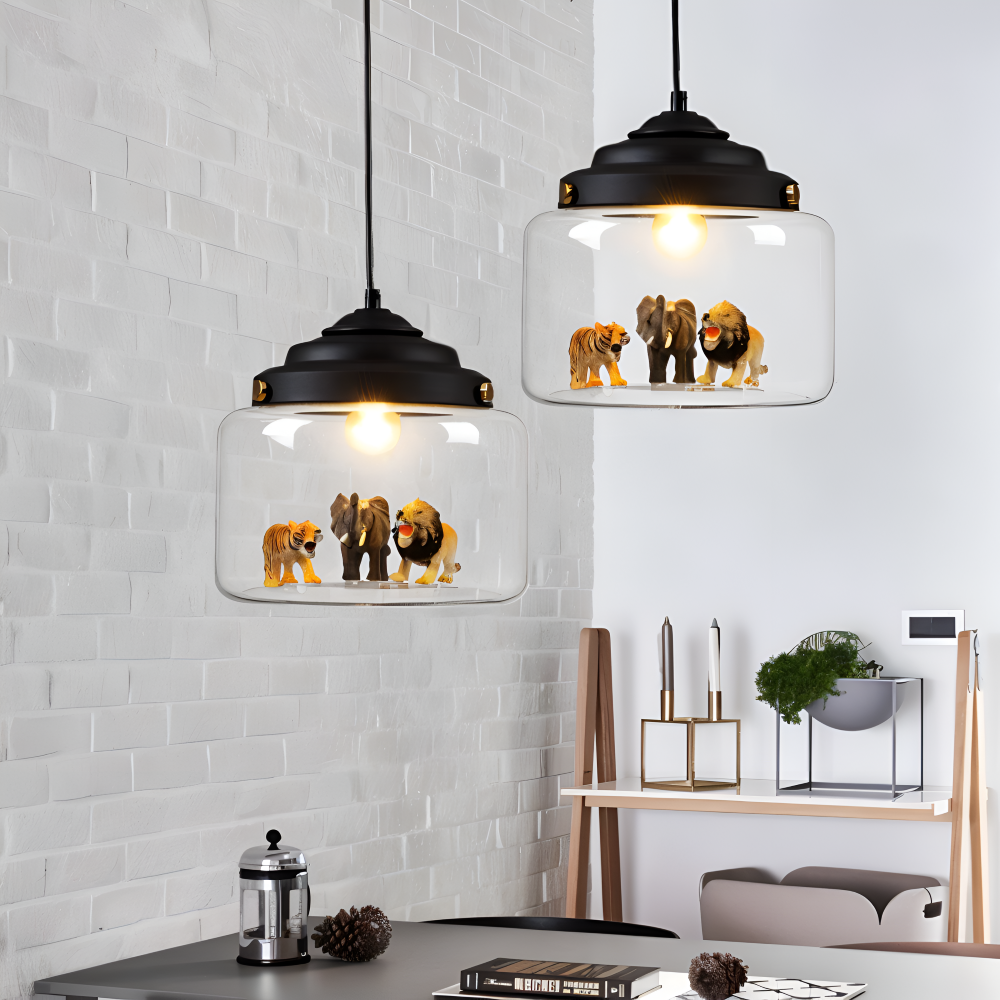 Børne pendel lampe i glas med nordiske dyremotiver