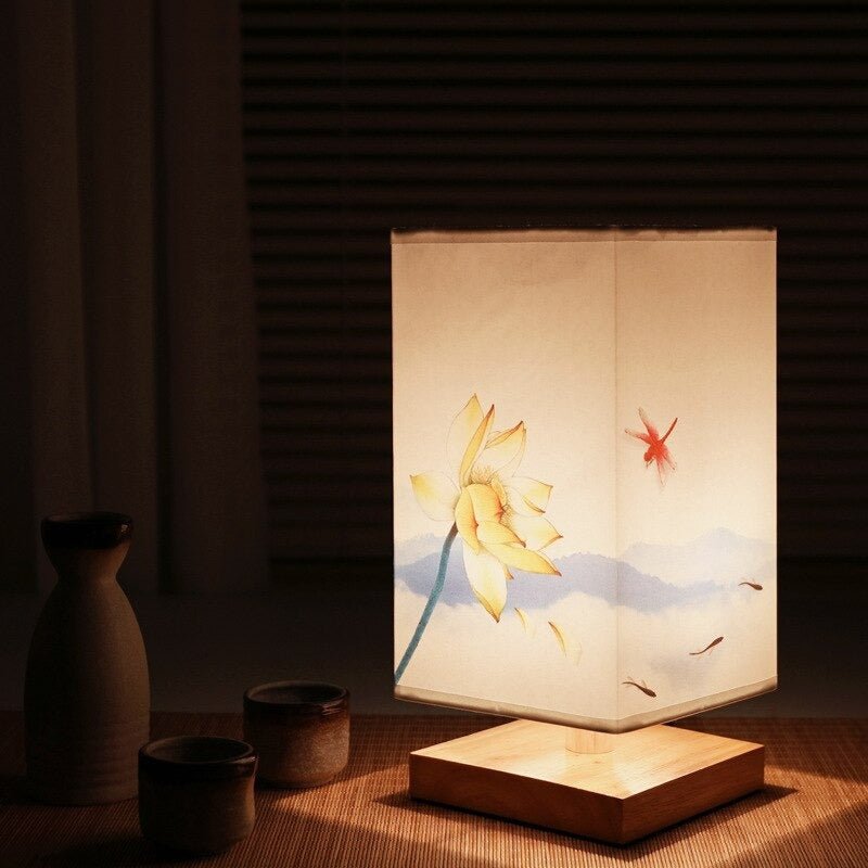 Japandi bordlampe i bambus, træ og sten