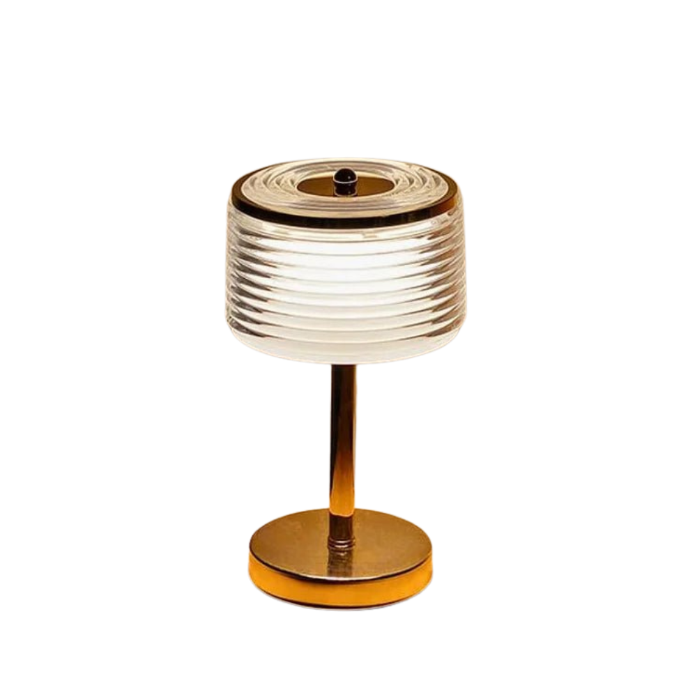 LED ring bordlampe i guld – elegant design med lagdelt skærm