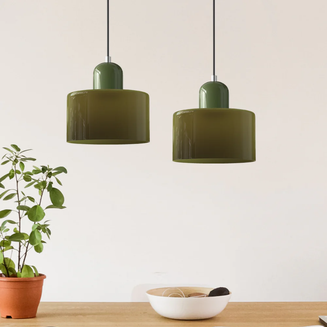 Tusa – Retro Pendellampe med Orange Glasskærm & Grøn Top