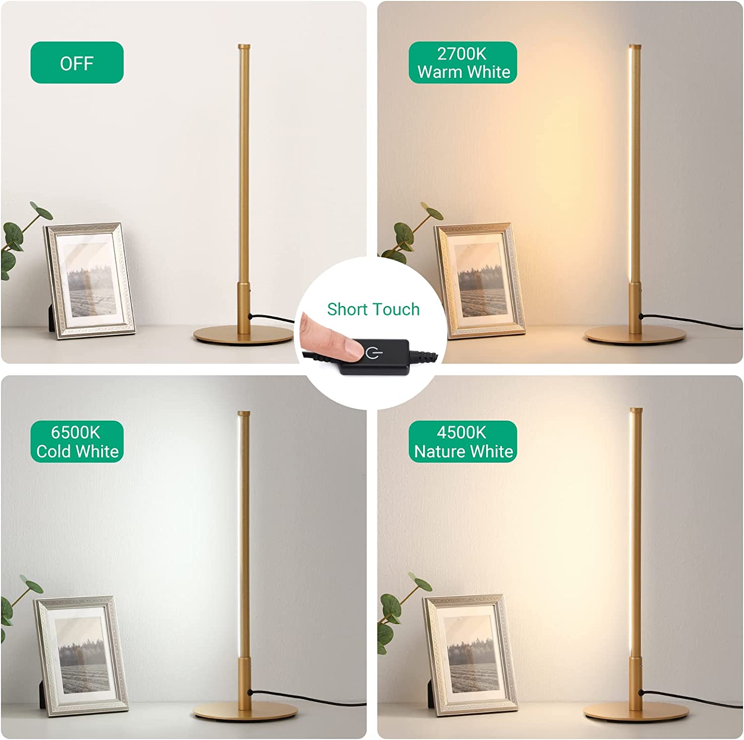 Guldfarvet LED-bordlampe med touch og 3 lysfarver
