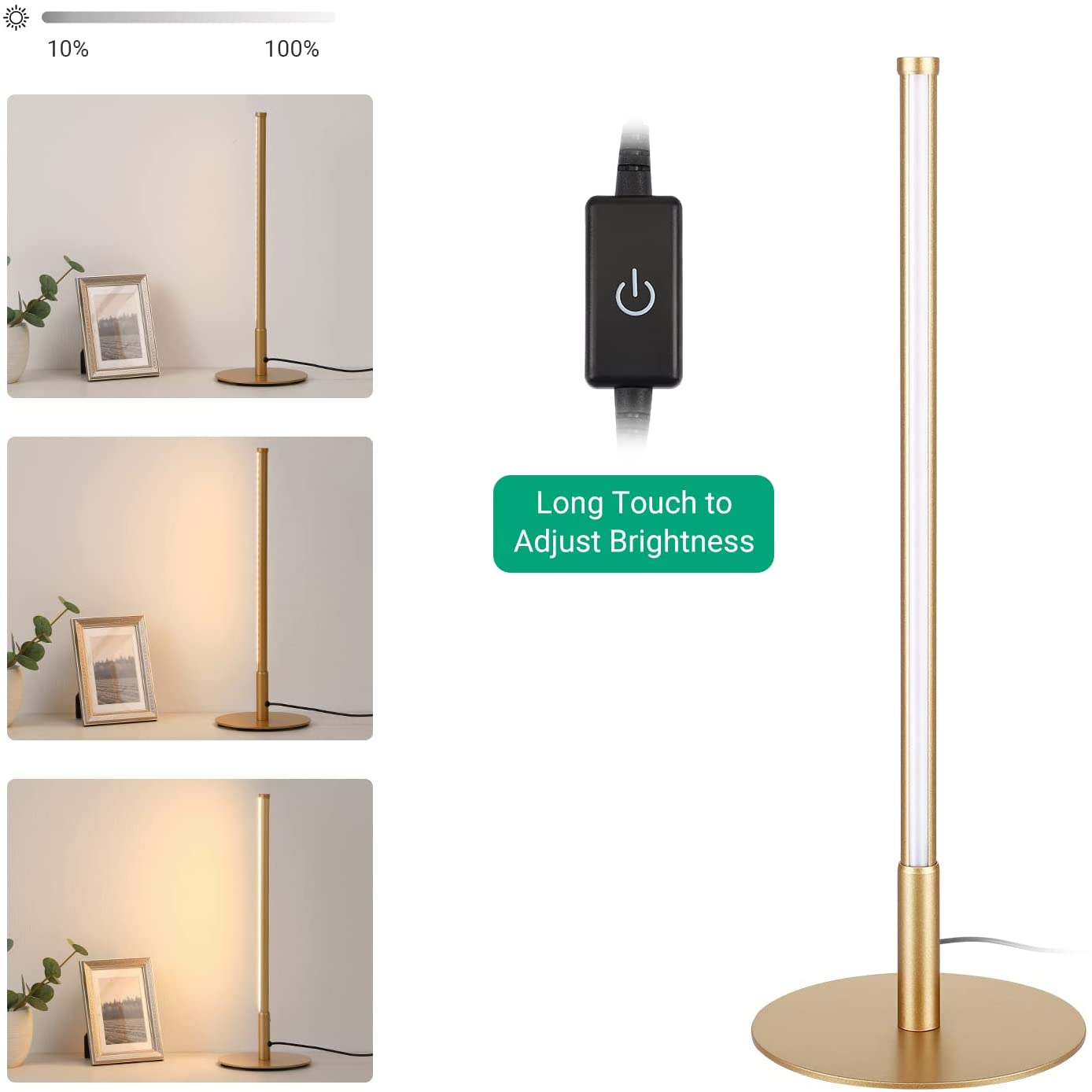 Guldfarvet LED-bordlampe med touch og 3 lysfarver