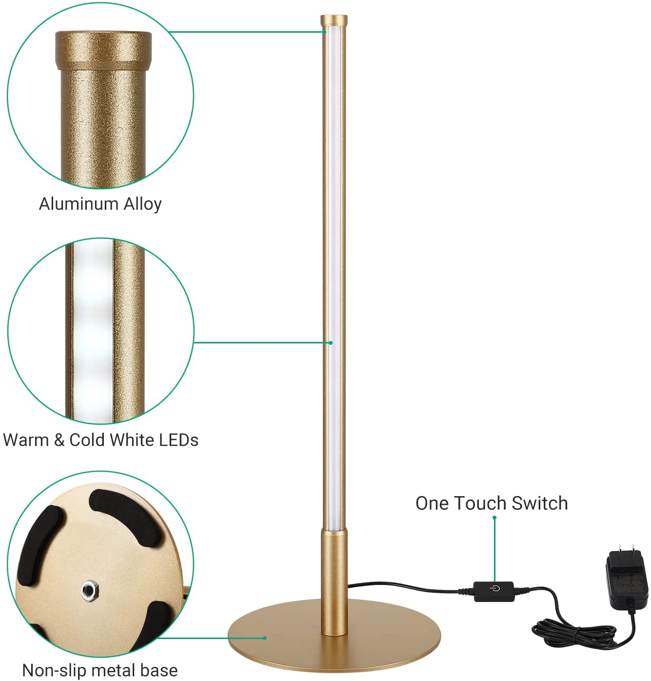 Guldfarvet LED-bordlampe med touch og 3 lysfarver