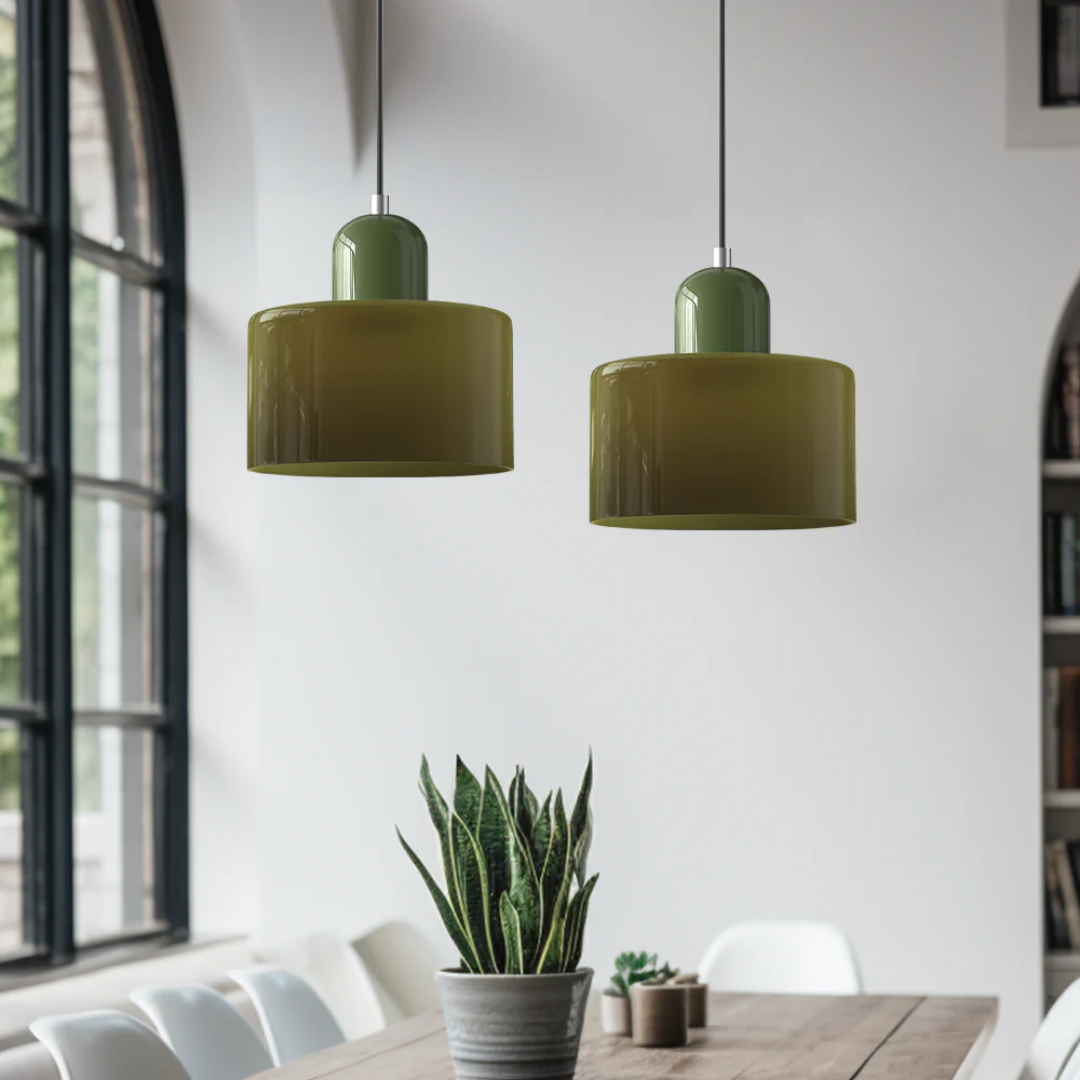 Tusa – Retro Pendellampe med Orange Glasskærm & Grøn Top